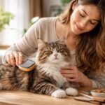 Nő macskát simogat és kefél a kanapén.