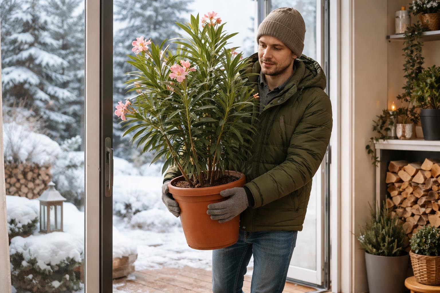 Egy férfi leandert cipel a téli hónapokban, miközben hó borította táj látható az ablakon keresztül.
