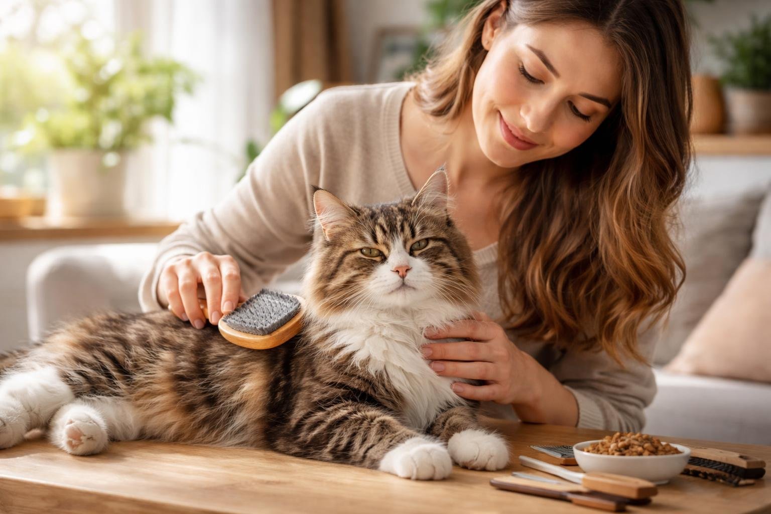 Nő macskát simogat és kefél a kanapén.