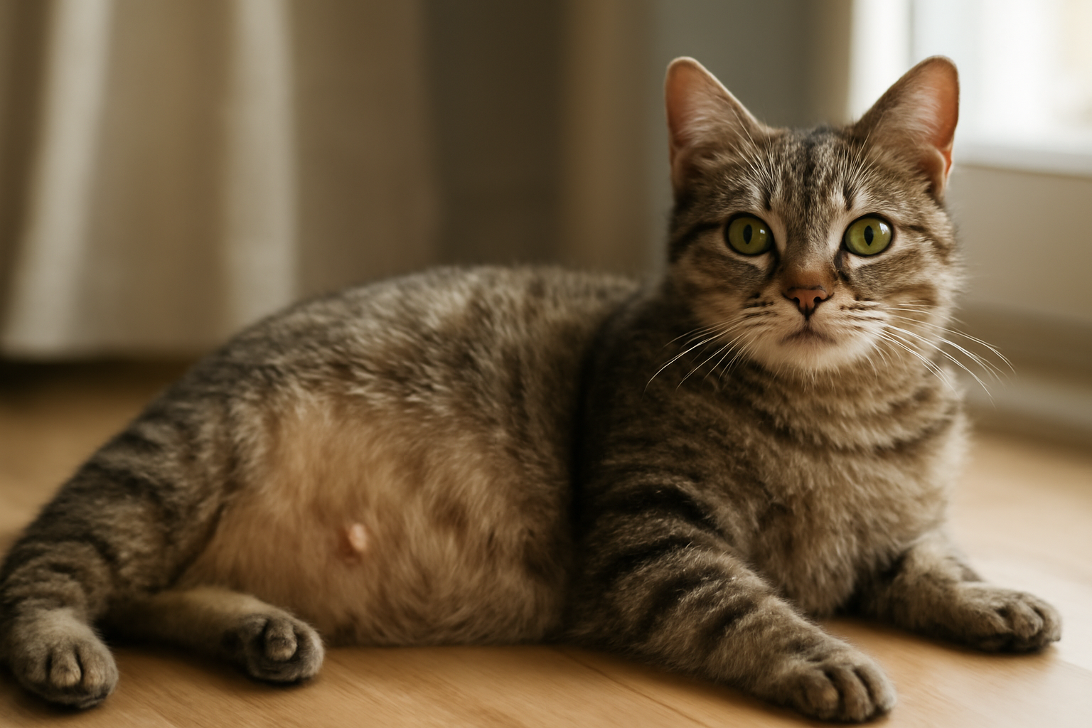 Egy vemhes macska fekszik a padlón, szürke csíkos bundával és élénk zöld szemekkel.