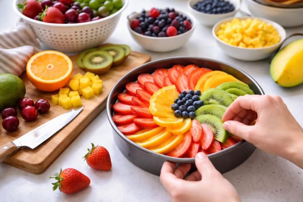 Friss gyümölcsök szeletelése és elrendezése egy színes gyümölcstortán dekoratív módon.