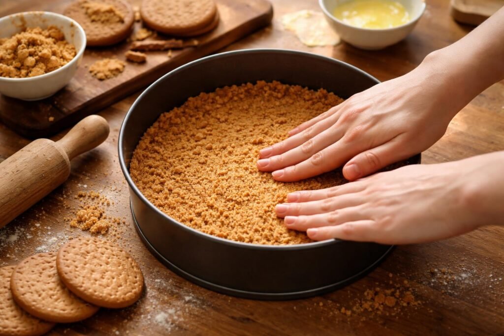 Egy keverőtálban összetört vajas keksz és olvasztott vaj látható közelről.