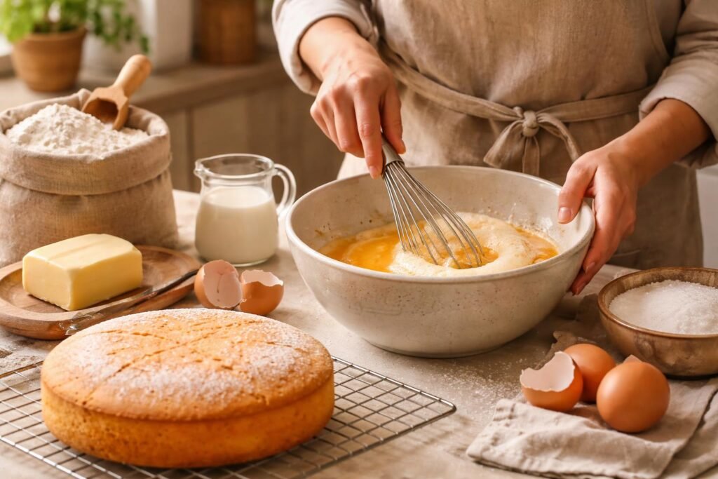 Egy friss piskótatészta aranybarnára sütve tortaforma mellett hűl a konyhában.