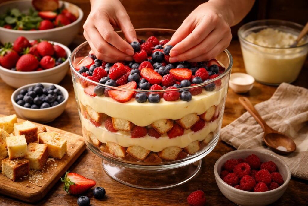 Házi pudingtorta, több rétegben összeállítva, friss gyümölcsökkel díszítve tálalva.