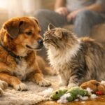 Macska és kutya együtt játszanak a napsütötte kertben, gyengéd és békés pillanat.