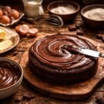 Egy házilag készült csokitorta szelete csokoládéöntettel leöntve, tálalva egy fehér tányéron.