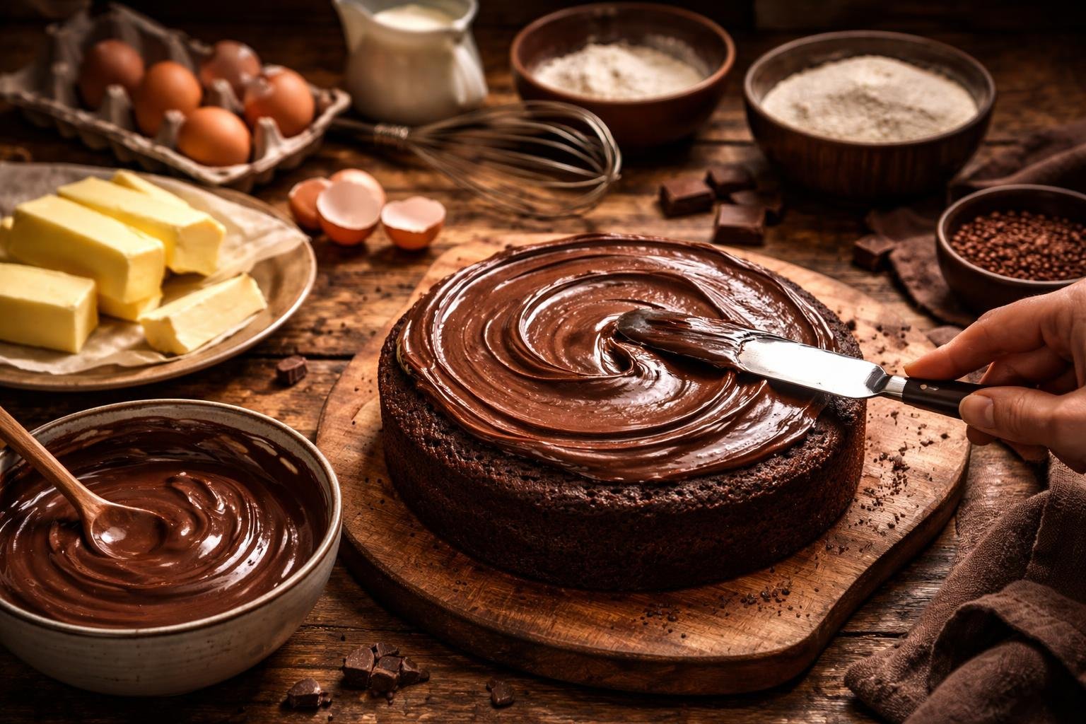 Egy házilag készült csokitorta szelete csokoládéöntettel leöntve, tálalva egy fehér tányéron.