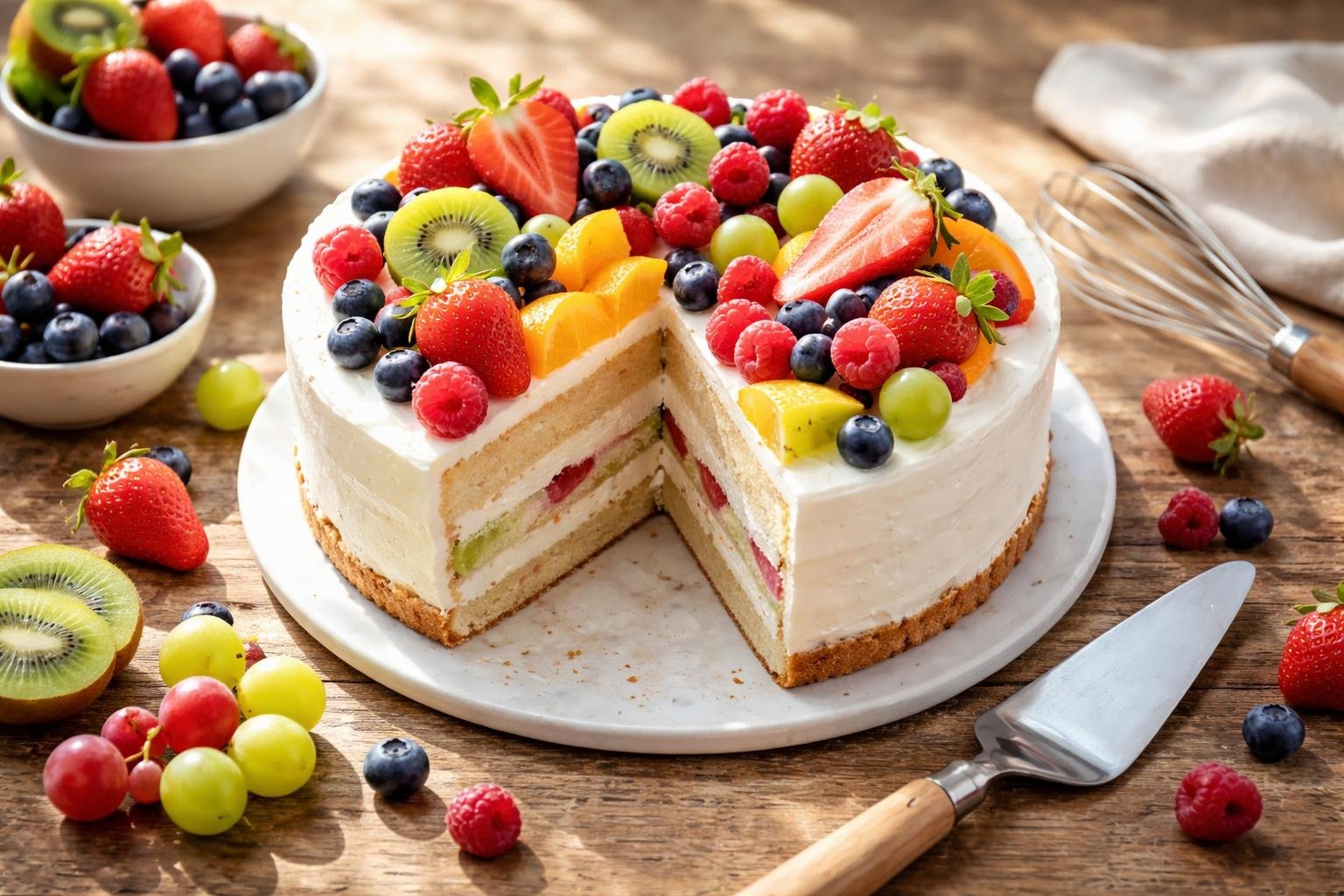 Friss gyümölcsökkel díszített, színes, házi készítésű gyümölcstorta egy fehér tányéron.