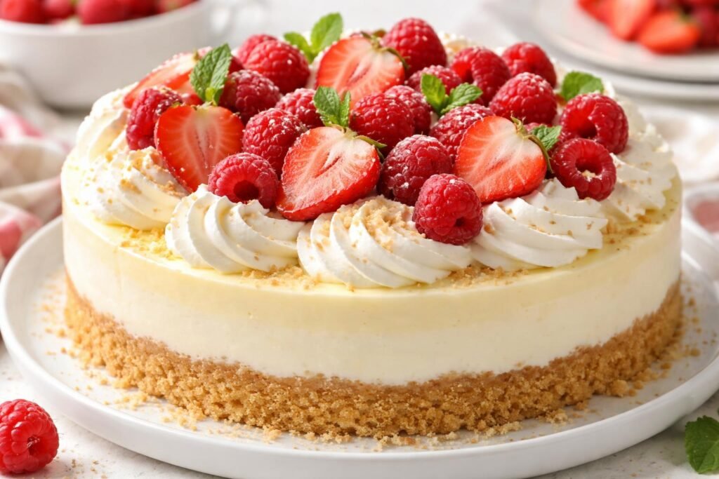 Sütés nélküli, réteges pudingtorta friss gyümölcsökkel és tejszínhabbal díszítve, egy ínycsiklandó házi desszert.