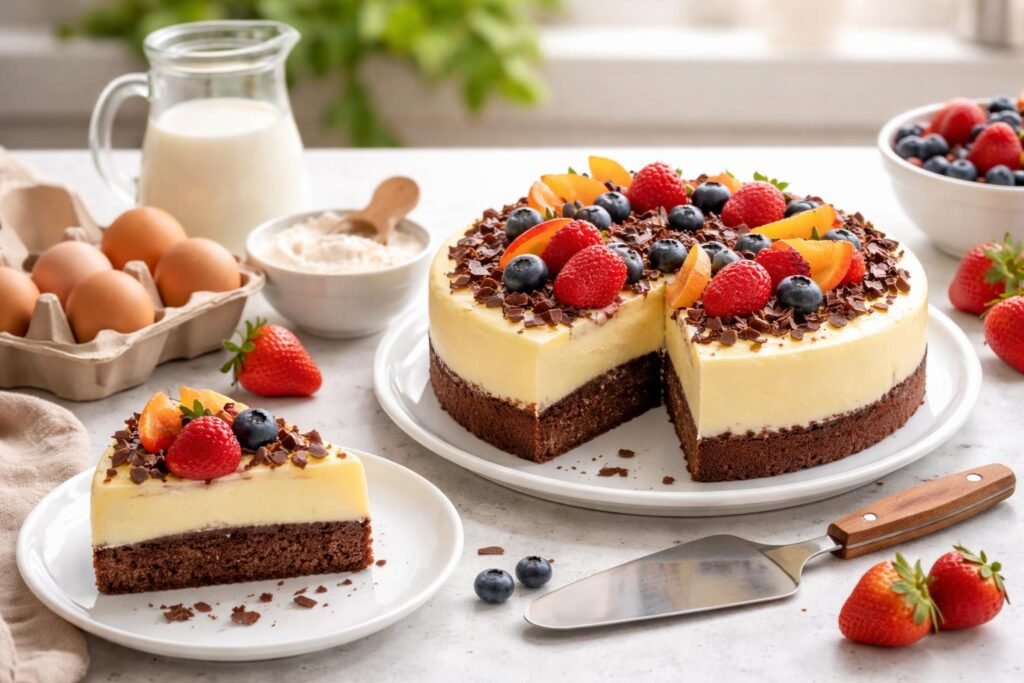 Házilag készített pudingtorta szeletelve, gyümölcsökkel és csokidísszel az asztalon.