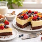 Házilag készített pudingtorta szeletelve, gyümölcsökkel és csokidísszel az asztalon.