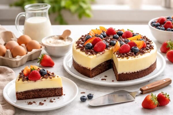 Házilag készített pudingtorta szeletelve, gyümölcsökkel és csokidísszel az asztalon.