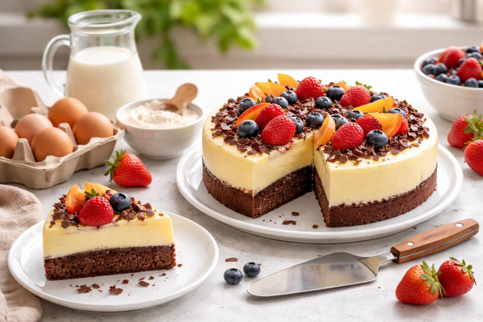 Házilag készített pudingtorta szeletelve, gyümölcsökkel és csokidísszel az asztalon.