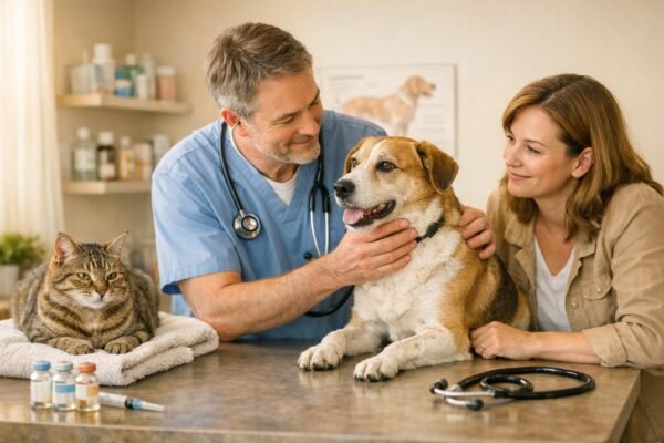 Gazdi vizsgálja kutyáját és macskáját, tüneteket keresve és megelőzést tervezve