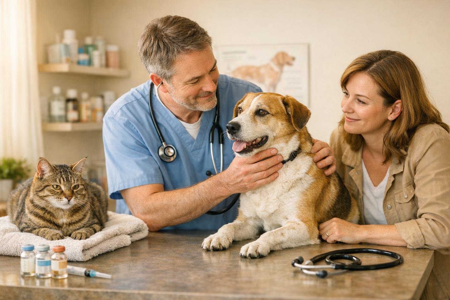 Gazdi vizsgálja kutyáját és macskáját, tüneteket keresve és megelőzést tervezve