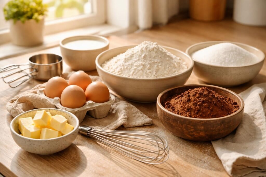 Egy asztalon kakaópor, tojás, liszt, cukor és vaj összekészítve sütéshez.