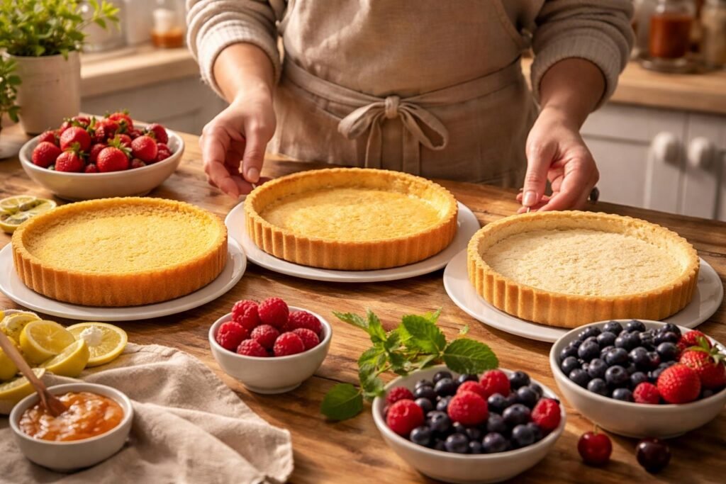 Egy friss gyümölcstorta omlós tésztával, színes gyümölcsökkel a tetején tálalva.